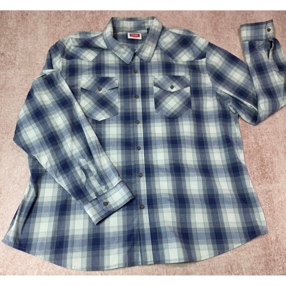 Wrangler Mens Blue White Plaid Long Sleeve Western Button Down Shirt XL